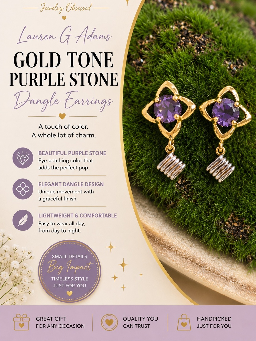 Lauren G Adams Gold Tone Purple Stone Dangle Earrings